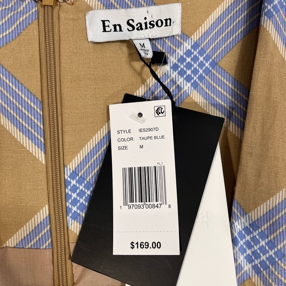 EN SAISON NWT Isla Embroidered Plaid Mini Dress M Belted Eyelet Blue Beige Tan - Picture 9 of 11